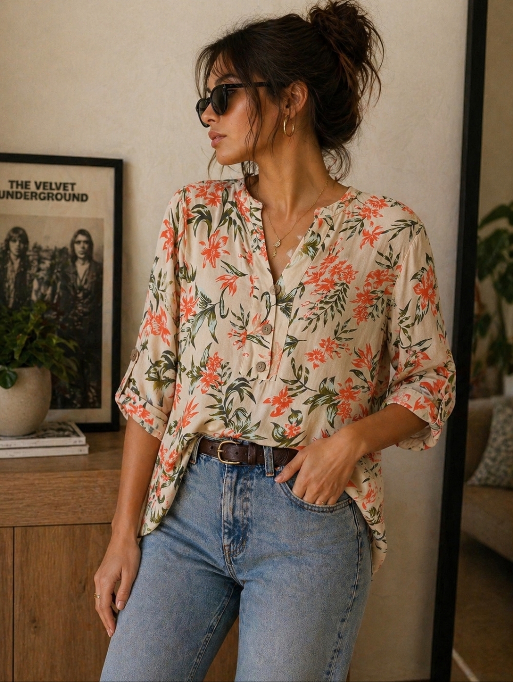 B.E | Cream Floral V-Neck Roll-Sleeve Blouse, Size M